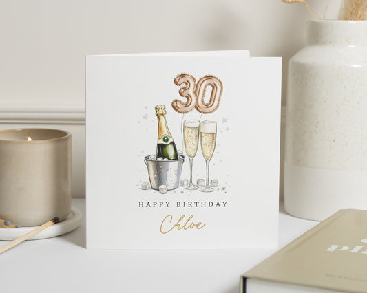 30th Birthday Card, Personalised Birthday Card for Her, Champagne Birthday Card, Custom Age Card for Women, Printed Metallic Effect