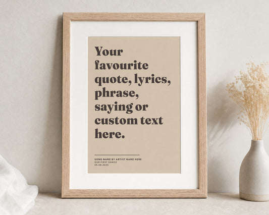 Personalised Song Lyrics Print, Custom Quote Wall Art, Beige Wall Art, Wedding Gift for Couple, First Dance Print, Oak Framed Print
