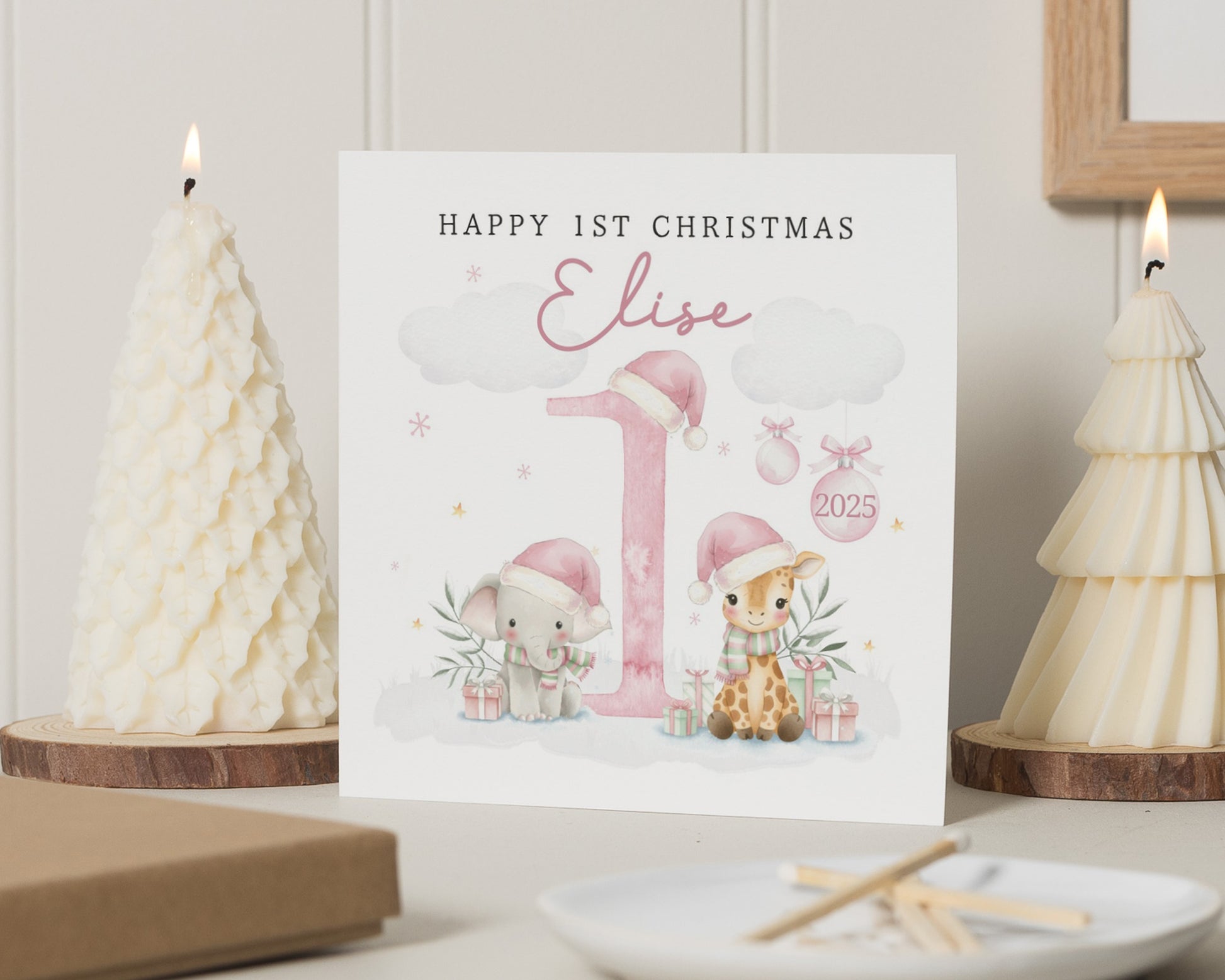 1st Christmas Card, Personalised First Christmas Card, Baby Girl Christmas Card, Cute Animal Christmas Card, Custom Name Christmas Card