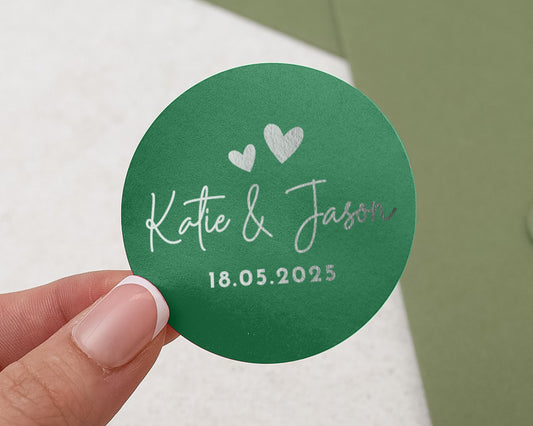 Wedding Sticker Personalised, Silver Foil Wedding Label, Custom Name Date Sticker, Green Wedding Sticker, Engagement Party Sticker