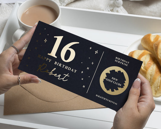 Personalised 16th Birthday Gift Voucher, Scratch To Reveal, Custom Gold Foil Card, Birthday Surprise For Him Or Her