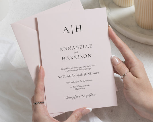 Blush Pink Wedding Invitations, Minimalist Monogram Wedding Invites, Elegant Typography, Personalised Invitation Suite