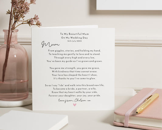Wedding Day Card for Mum, Mother of the Bride Card, To My Beautiful Mum On My Wedding Day, Personalised Wedding Card