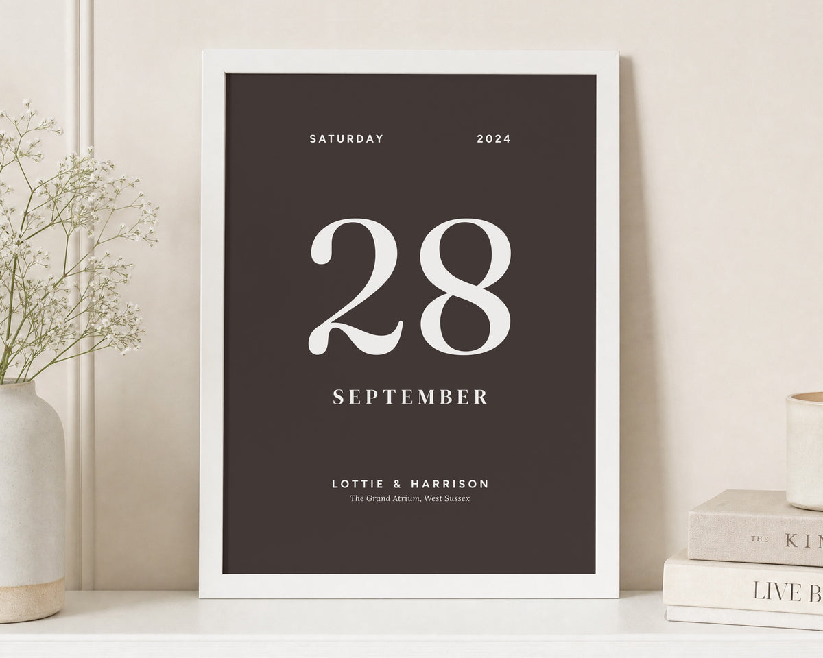 Personalised Wedding Date Print, Dark Brown Wall Art, Anniversary Gift, Gift for Couple, Minimalist Typography Print