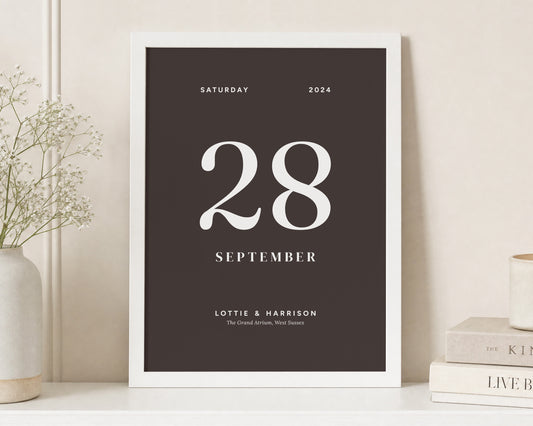 Personalised Wedding Date Print, Dark Brown Wall Art, Anniversary Gift, Gift for Couple, Minimalist Typography Print