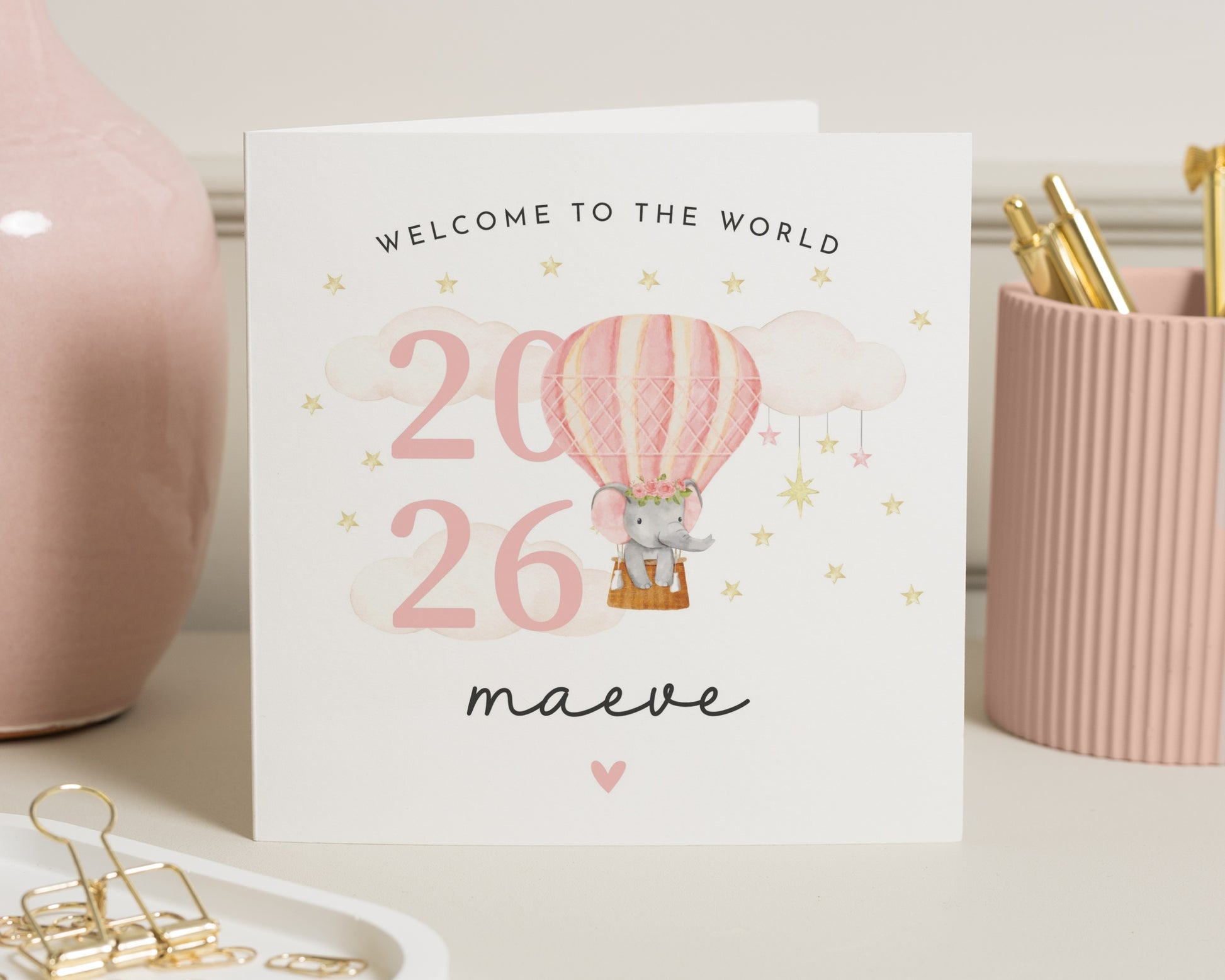 New Baby Card, Personalised Welcome To The World Card, Baby Girl Card, Cute Elephant Card, Custom Baby Name Card, Hot Air Balloon Card