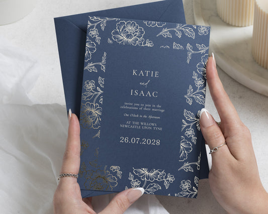 Gold Foil Wedding Invitations, Navy Floral Wedding Invite, Elegant Botanical Wedding Invitation, Personalised Formal Invitation