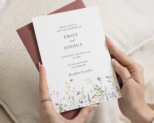 Wildflower Wedding Invitations, Botanical Wedding Invite, Elegant Floral Invitation Suite, Garden Wedding Stationery, Burgundy Envelope