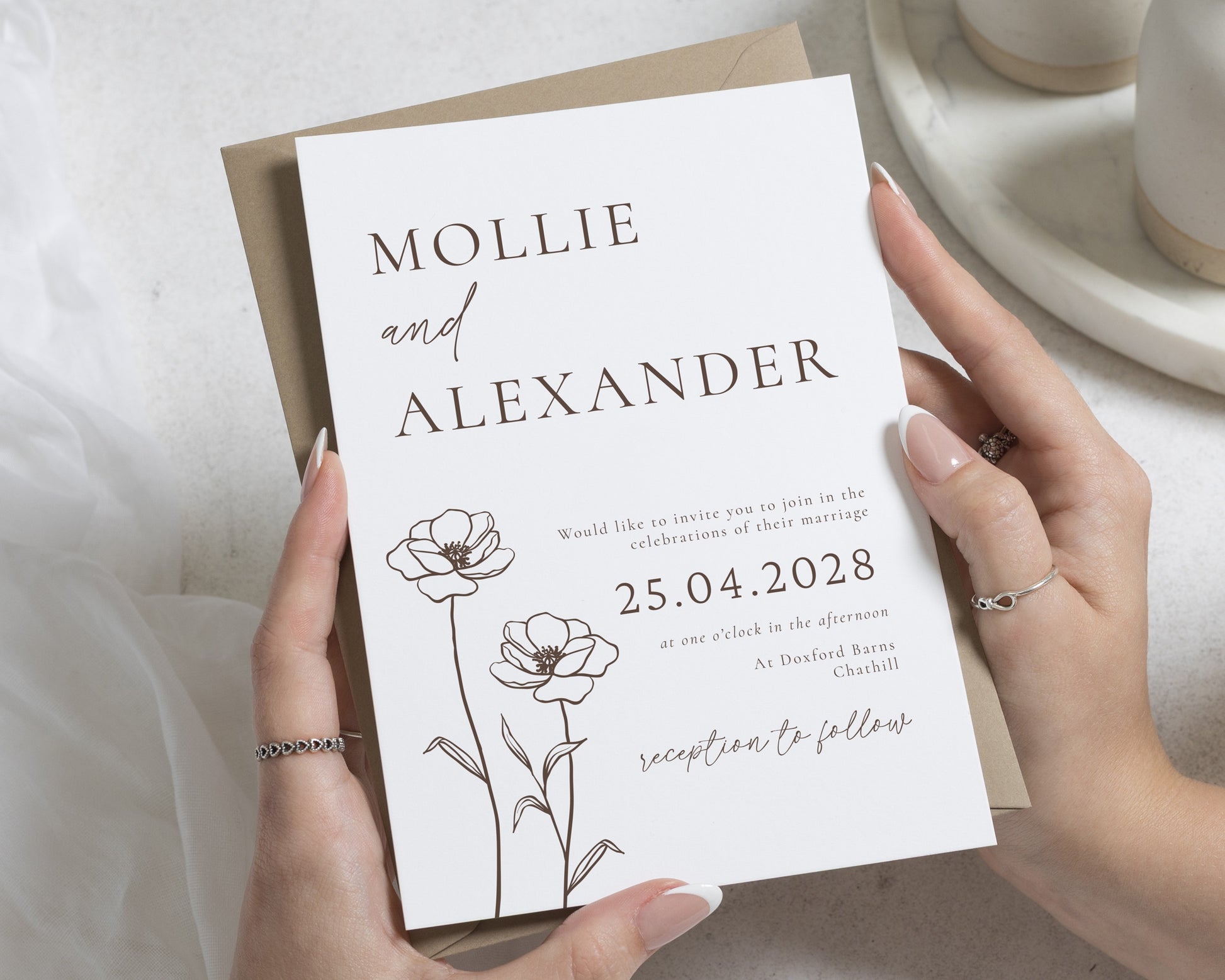 Minimalist Floral Wedding Invitations, Personalised Wildflower Wedding Invite, Brown Botanical Invitation Suite, Simple Stationery