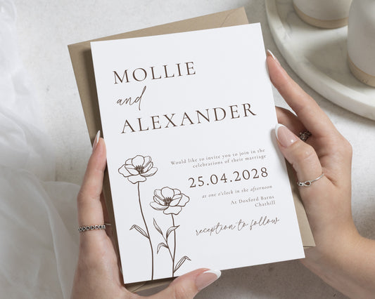 Minimalist Floral Wedding Invitations, Personalised Wildflower Wedding Invite, Brown Botanical Invitation Suite, Simple Stationery