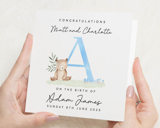 New Baby Card, Personalised Baby Card, Birth Congratulations Card, Baby Boy Card, Bear Card, Custom Name Card, New Parents Card