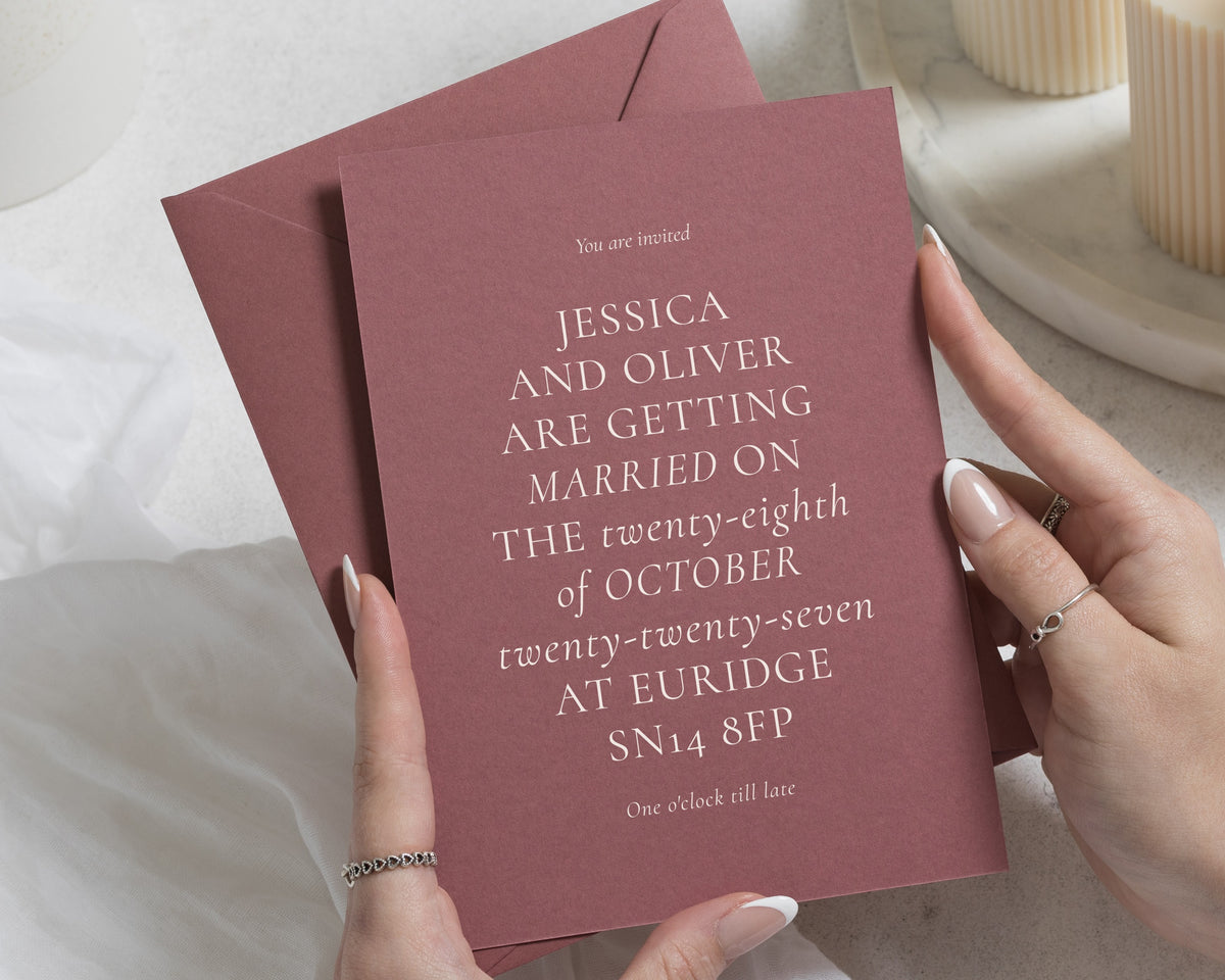Terracotta Pink Wedding Invitations, Dusty Pink Minimalist Wedding Invites, Elegant Typography, Personalised Wedding Invitations