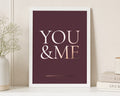 Personalised Rose Gold Foil Couple Print, Burgundy Wall Art, Wedding Gift, Anniversary Gift, You and Me Print