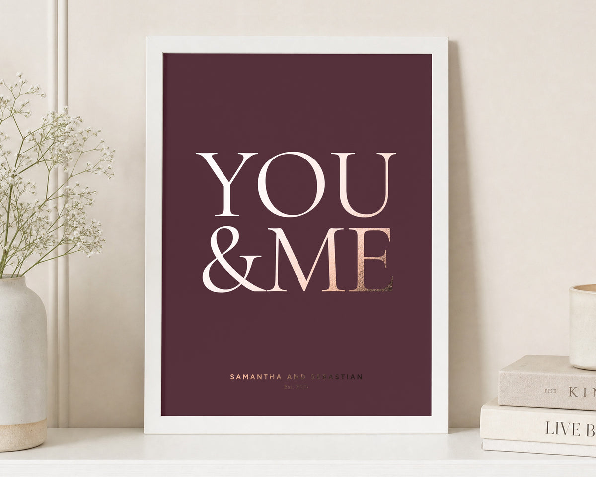 Personalised Rose Gold Foil Couple Print, Burgundy Wall Art, Wedding Gift, Anniversary Gift, You and Me Print