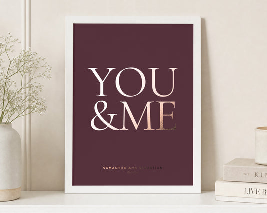 Personalised Rose Gold Foil Couple Print, Burgundy Wall Art, Wedding Gift, Anniversary Gift, You and Me Print