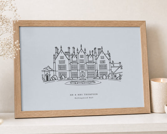 Personalised Wedding Venue Print, Light Blue Wall Art, Custom Venue Illustration, Wedding Gift, Anniversary Gift, Oak Framed Print