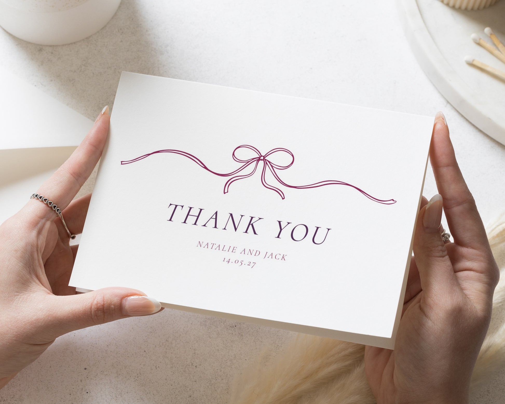 Personalised Wedding Thank You Cards, Folded Wedding Thank You Cards, Thank You Cards, Simple Bow Thank You Card for Wedding