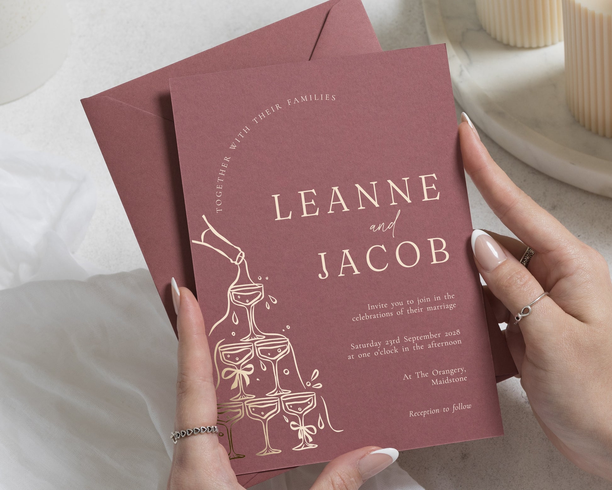 Gold Foil Wedding Invitation, Burgundy Champagne Tower Wedding Invites, Personalised Elegant Celebration Invitations