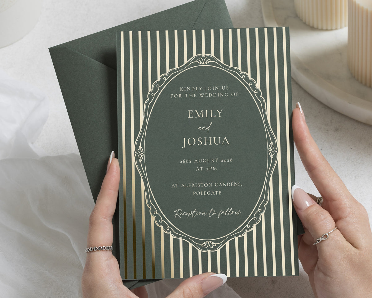 Dark Green Gold Foil Wedding Invitations, Art Deco Wedding Invite, Classic Elegant Wedding Invitation, Personalised Foil Invites