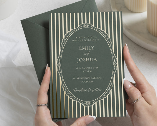 Dark Green Gold Foil Wedding Invitations, Art Deco Wedding Invite, Classic Elegant Wedding Invitation, Personalised Foil Invites