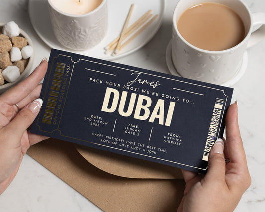Personalised Dubai Gift Voucher, Birthday Boarding Pass, Holiday Reveal, Gold Foil, Custom Travel Gift, Pack Your Bags, Gift Experience