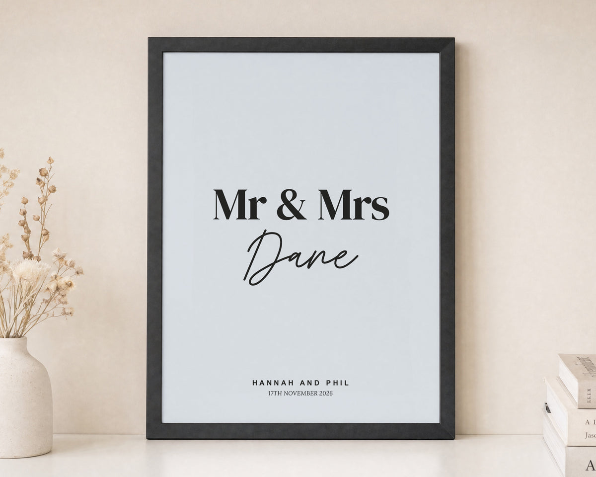 Personalised Mr and Mrs Print, White Wedding Wall Art, Custom Couple Name Print, Wedding Gift, Anniversary Gift, Black Framed Print
