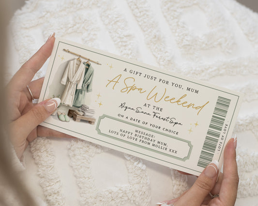 Personalised Spa Weekend Gift Voucher for Mum, Spa Day Gift for Her, Custom Birthday Gift Card