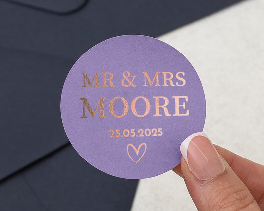 Personalised Wedding Sticker, Foil Name Sticker, Mr And Mrs Label, Purple Rose Gold Seal