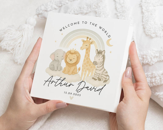 New Baby Card, Personalised Welcome To The World Card, Safari Animal Card, Baby Boy Card, Baby Girl Card, Cute Animal Card, Custom Baby Card