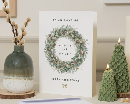 Christmas Card for Aunty and Uncle, Auntie and Uncle Christmas Card, Family Christmas Card, Festive Wreath Xmas Card, Christmas Cards