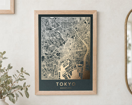 Personalised Gold Foil Map Print, Dark Green Wall Art, Custom Location Map, New Home Gift, Gift for Traveller, Oak Framed Print