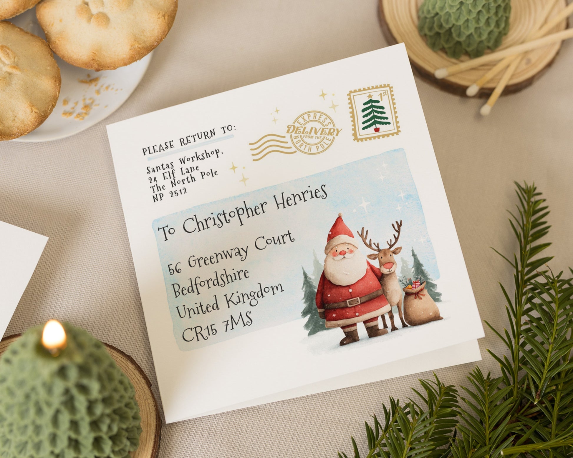 Christmas Card for Kids, Personalised Santa Card, Christmas Card for Boy, Christmas Card for Girl, Santa and Reindeer Card