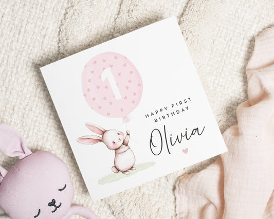 1st Birthday Card for Girl, Personalised Bunny Birthday Card, First Birthday Card for Daughter, Cute Animal Birthday Card