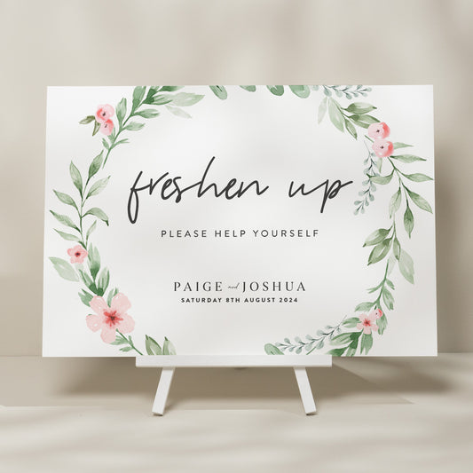 Floral Wedding Bathroom Sign, Freshen Up Wedding Sign, Wedding Bathroom Basket Sign, Help Yourself Sign, Minimalist Wedding Sign &#39;Paige&#39;