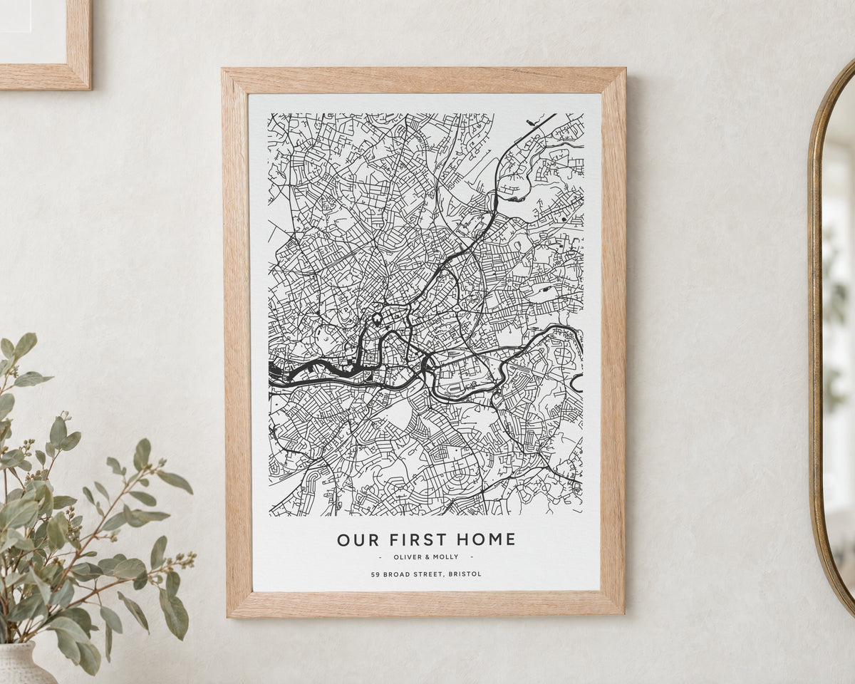 Personalised Map Print, Custom Location Wall Art, Our First Home Print, New Home Gift, House Warming Gift, Oak Frame