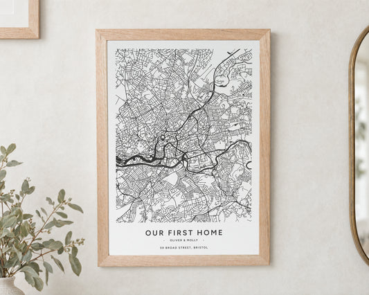 Personalised Map Print, Custom Location Wall Art, Our First Home Print, New Home Gift, House Warming Gift, Oak Frame