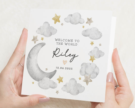 New Baby Card, Personalised Baby Card, Welcome To The World Card, Baby Girl Card, Baby Boy Card, Custom Baby Card, Cloud Moon Star Card
