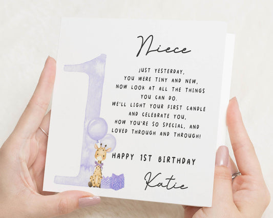 1st Birthday Card for Niece, First Birthday Card for Girl, Personalised Birthday Card, Cute Giraffe Birthday Card, Card for Niece