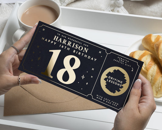 Personalised Driving Lessons Gift Voucher, 18th Birthday Card for Son, Scratch to Reveal Gold Foil Card