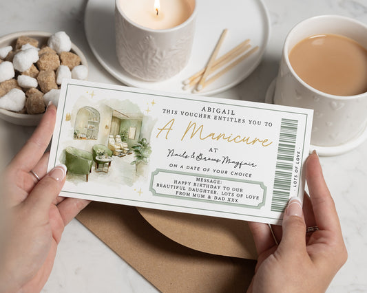 Personalised Manicure Gift Voucher, Spa Day Gift For Her, Custom Beauty Experience, Birthday Gift For Daughter, Mum, Friend