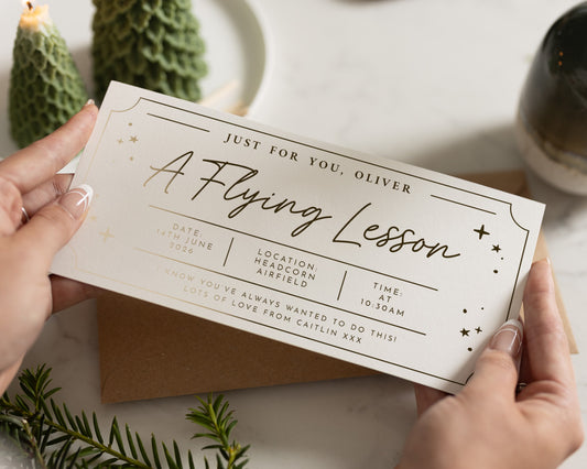 Personalised Flying Lesson Gift Voucher, Gold Foil Experience, Custom Flight Gift, Scratch To Reveal, For Him Or Her