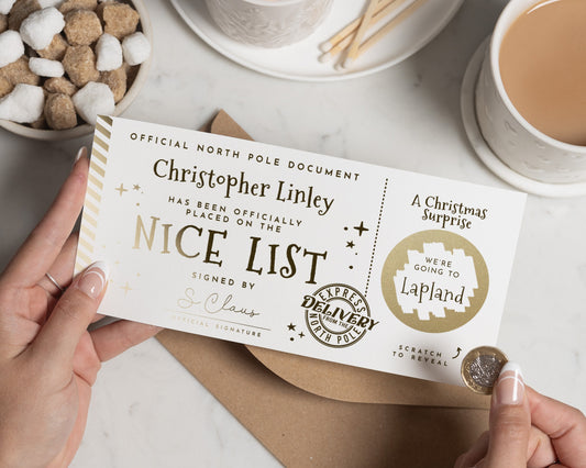 Lapland Scratch To Reveal Ticket, Christmas Surprise Gift, Personalised Nice List Ticket, Gold Foil Christmas Gift For Kids