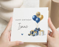 50th Birthday Card for Him, Personalised Birthday Card, Birthday Card for Dad, Husband, Son, Friend, Blue Gold Balloons, Gift Card