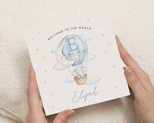 Personalised New Baby Card, Baby Boy Card, Welcome to the World Card, Newborn Baby Card, Elephant Card, Hot Air Balloon Card