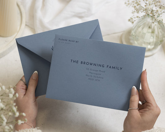 Dusty Blue Envelopes with White Ink Guest or Return Address Printing, C6, 5x7 or C5 Wedding Invitation Envelopes (Tide)