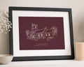 Personalised Gold Foil Wedding Venue Print, Burgundy Wall Art, Custom Church Illustration, Wedding Gift, Anniversary Gift