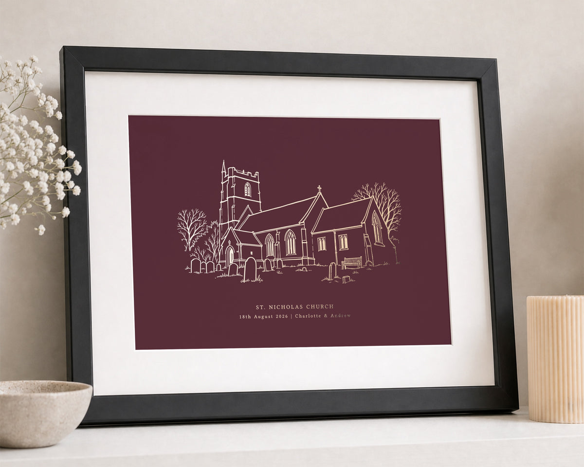 Personalised Gold Foil Wedding Venue Print, Burgundy Wall Art, Custom Church Illustration, Wedding Gift, Anniversary Gift