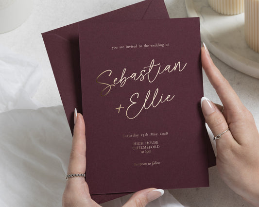 Gold Foil Wedding Invitations, Burgundy Calligraphy Wedding Invite, Elegant Typography Invitation, Personalised Wedding Stationery