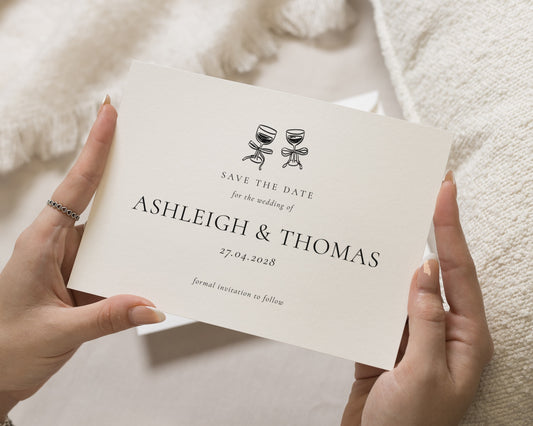 Personalised Save the Date Card, Wedding Save the Date Card, Simple Save the Date Cards, Minimal Wine Glass Save the Date