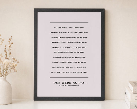 Personalised Wedding Song Print, Pale Pink Wall Art, First Dance Music Keepsake, Wedding Gift for Couple, Black Framed Print